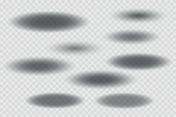 Different realistic round shadow, soft shapes on transparent background. Gray circular and ellipse shadows set. Vector illustration.