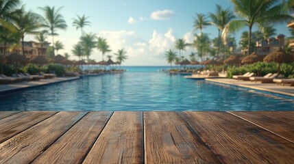 Wooden table overlooking resort pool. Ideal for showcasing products, summer travel, or relaxation.