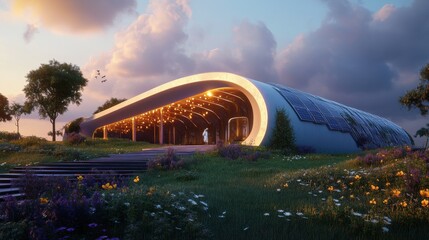 A futuristic concert venue powered entirely by renewable energy and featuring zero-waste operations