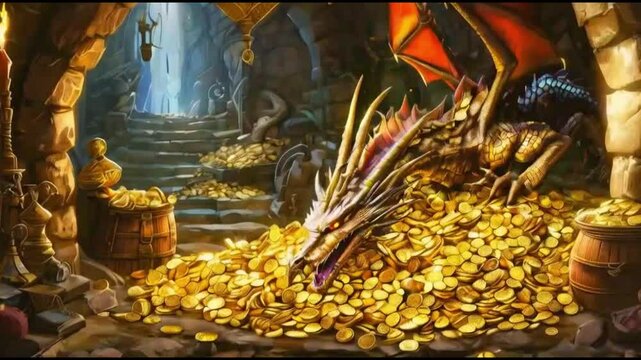 Ancient dragon resting atop massive golden treasure hoard within dimly lit stone cavern.
