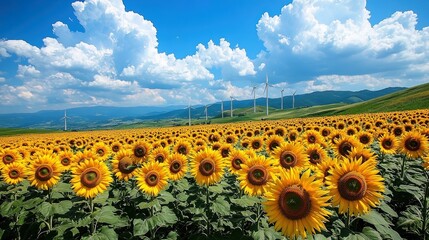 Fototapeta premium A vibrant sunflower field under a bright sky with wind turbines in the background 