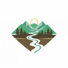 Obraz premium Stylized mountain landscape logo with river and trees in a vibrant nature theme