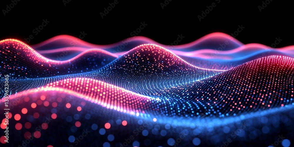 Poster abstract blue red digital wave particle background flow neon data dark space waves light