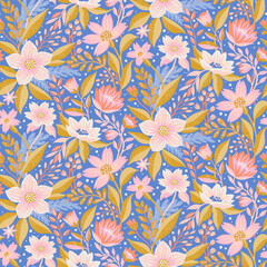 A half drop vibrant floral pattern on a rich blue background featuring pink and white flowers with intricate details and yellow centers. Ideal for textile design, wallpaper, or packaging.