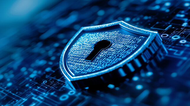 Glowing blue digital shield with a keyhole and binary code on a futuristic circuit board, symbolizing cyber security, encryption, data protection, and secure access.