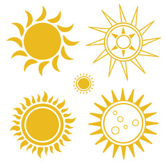 Sun smile icon set. Happy smiling sun. Cute sun. Sunshine emoji. Funny emotion. Vector illustration
