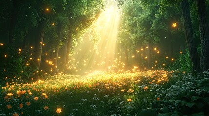 A vibrant forest glowing with life, sunlight streaming through lush green canopies 