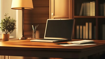 Wooden work desk with laptop and documents books