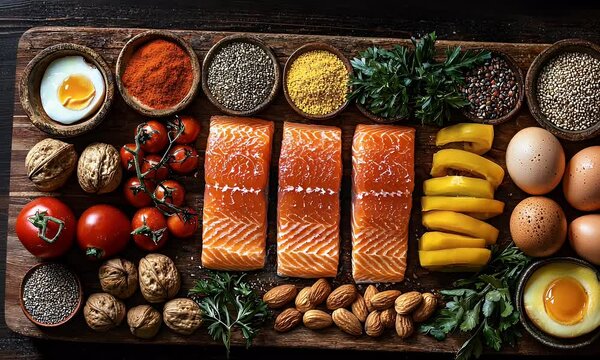 A beautifully arranged wooden platter of healthy food including salmon, eggs, herbs, and spices.