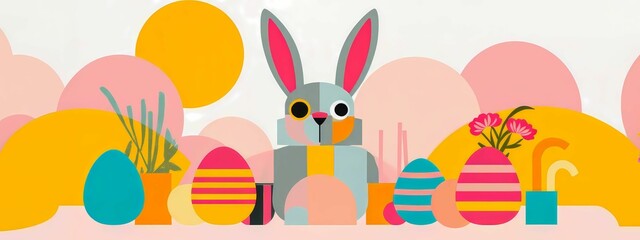 Easter bunny in abstract geometric style holding festive eggs. Bright, joyful composition with colorful curved shapes. Contemporary holiday design for banners, invitations, and seasonal promotions