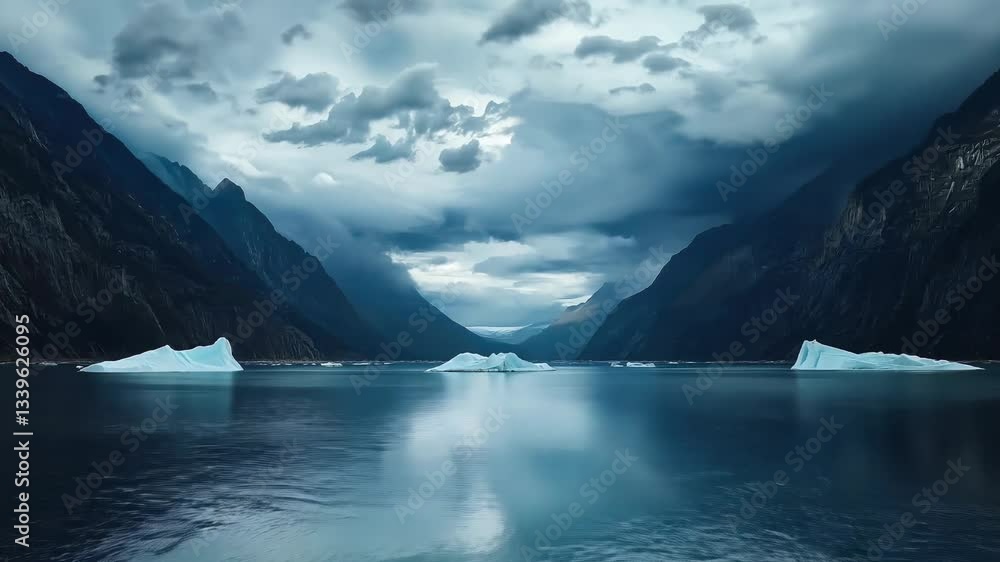 Poster blue ocean with a few ice caps floating on it. the sky is cloudy and the mood of the image is serene