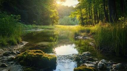 Obraz premium Serene Sunset over a Forest Stream, Tranquil Nature Scene