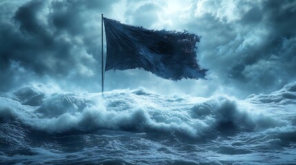 Torn black flag on stormy sea. (1)