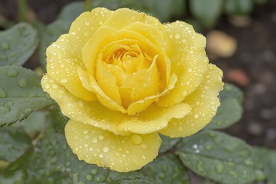 Wet yellow rose head blooming in a garden; raindrops