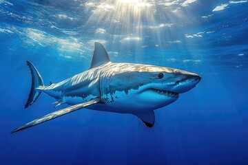 Fototapeta premium Great white shark underwater, sun rays shining. Perfect for documentaries, wildlife, ocean themes.