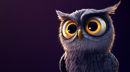 Fototapeta premium Cartoon Owl with Big Eyes Staring Thoughtfully on Dark Background