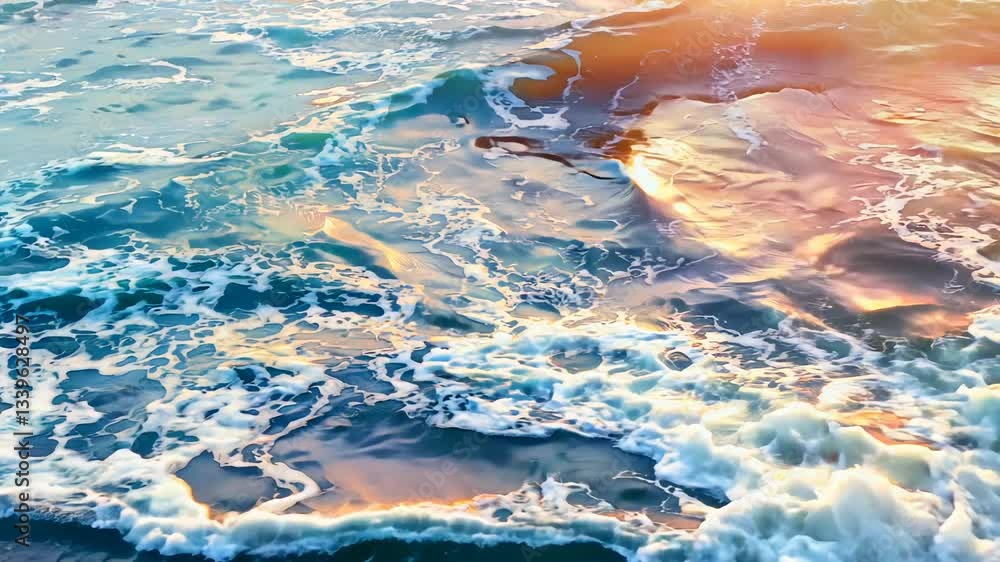 Poster ocean with a wave cresting in the foreground. the water is a mix of blue and white, creating a seren