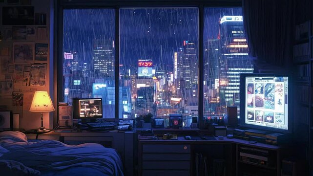 Cozy anime Lo-Fi bedroom interior with City View at night, Aesthetic relaxing Japanese manga anime style stream starting soon screen, overlay loop, animated virtual backgrounds rainstorm wallpaper 