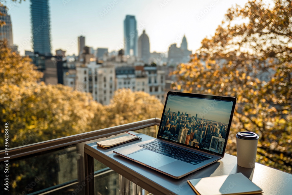 Poster laptop is open on a table with a view of a city. the laptop is displaying a cityscape on the screen.