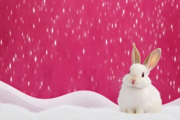 Obraz premium Adorable White Bunny in Winter Wonderland - Cute white rabbit sitting in the snow against a pink sparkly background. Perfect for winter, holiday, or pet-themed projects