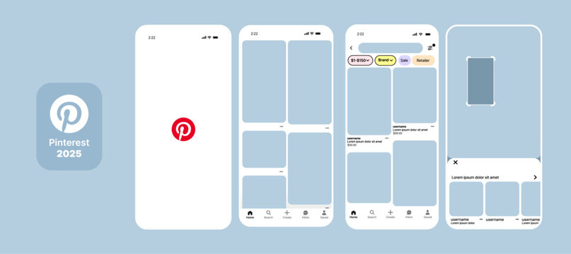 Pinterest UI mockup template. Visual discovery platform layout with pin board, user profile, and search interface. Website and mobile app design for inspiration and content sharing.
