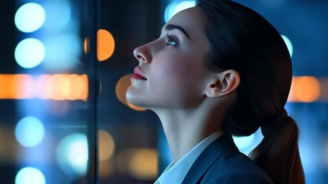 A determined businesswoman stands confidently by a highrise window, illuminated by city lights, reflecting on her future goals and the tech advancements inspiring her vision and drive