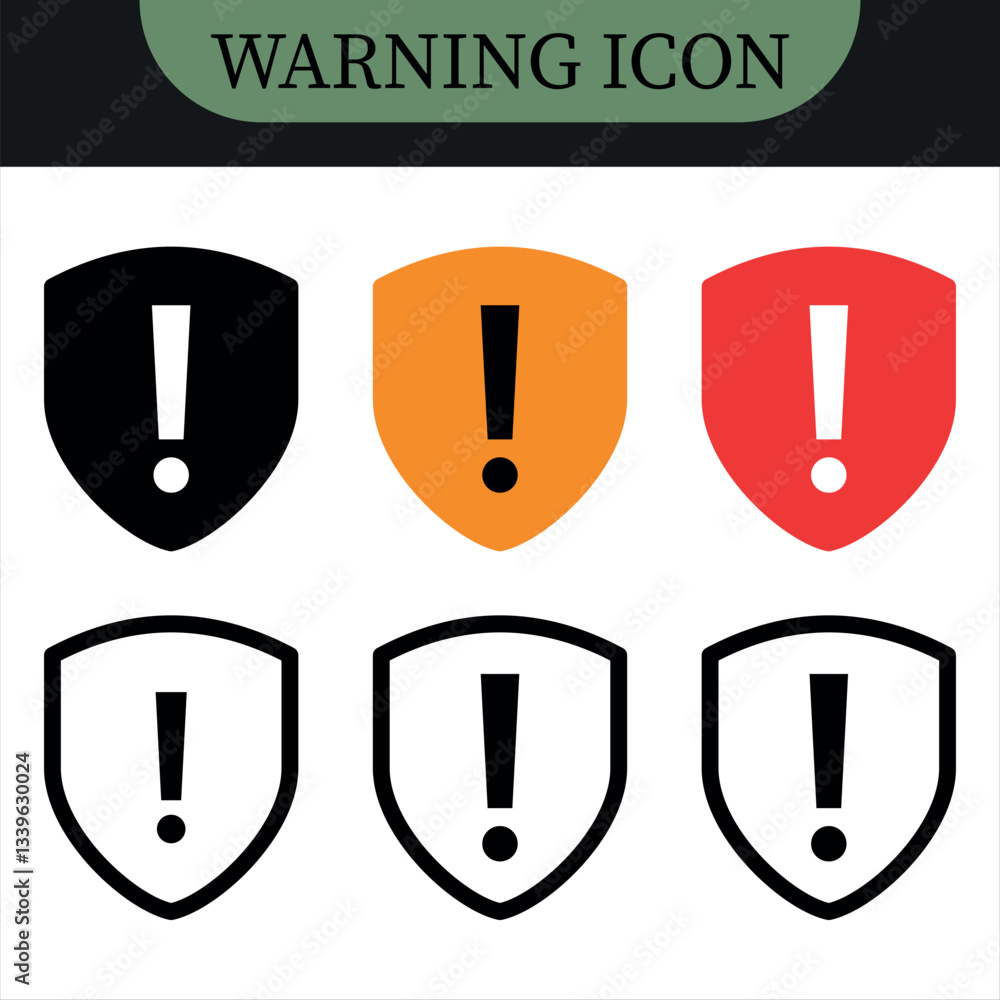 Poster shield exclamation mark icon or security shield warning or attention icon symbol. vector color icon 
