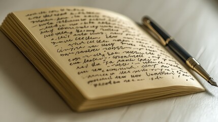 Handwritten journal, pen, desk, writing, thoughts, reflections, personal diary, creative writing, indoor setting.  Use blog, website, article