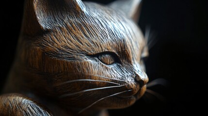 Close-up of a detailed wooden sculpture of a cat's head, showcasing its carved features and warm brown tones against a dark backdrop.