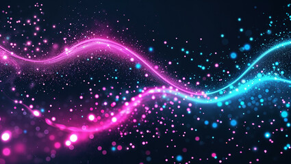 Fototapeta premium An abstract cosmic background featuring a mesmerizing wave of glowing neon pink and electric blue bokeh lights against a dark backdrop.