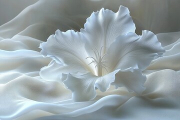 Delicate white gladiolus rests on soft, flowing fabric. Perfect for serenity, purity, or elegance themes.