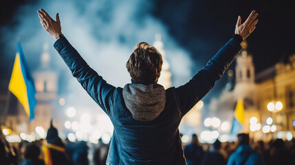 A protester raises hands in a powerful stance during a demonstration, symbolizing Ukraine’s fight for freedom.