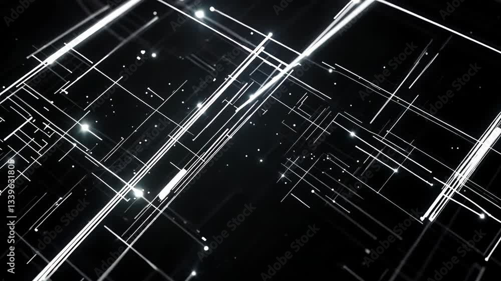 Poster black and white image of a grid of white lines with a lot of small dots. the image is abstract and h