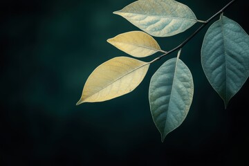 秋の風に揺れる緑と黄色の葉が静かな背景に映える瞬間