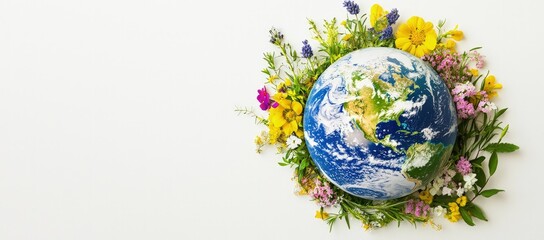 A vibrant Earth surrounded by colorful flowers on a white background, symbolizing nature, sustainability, and environmental care. Ideal for eco-friendly campaigns and Earth Day themes