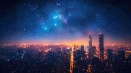 Fototapeta premium A glowing cityscape powered by renewable energy under a clear starry sky 