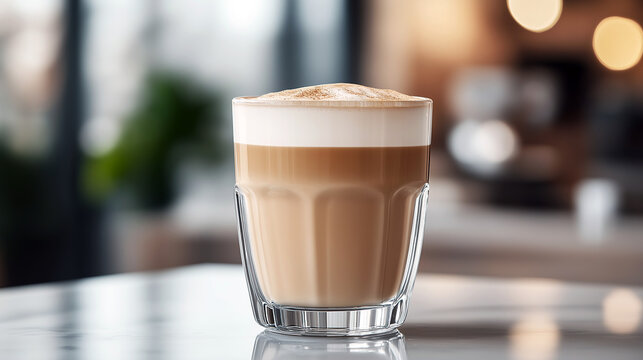 side view glass of coffee with cinnamon on table, brisk morning and sunlight from window falls on glass of coffee on table
