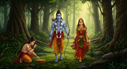 Lord Rama, Sita, and Hanuman in the Sacred Forest

