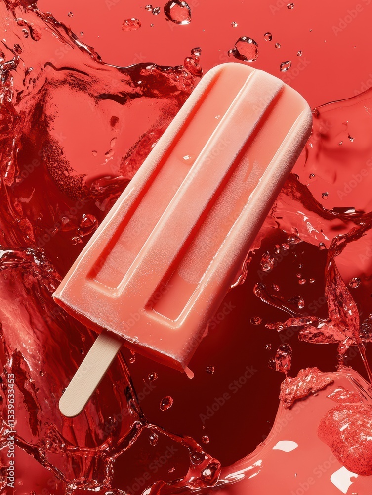 Poster refreshing summer delight of a vibrant red popsicle resting on splashes of cool liquid generative ai
