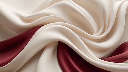 Elegant Cream and Burgundy Silk Fabric - Smooth Flowing Texture with Luxurious Drapes