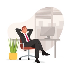 Vector illustration of a businessman sitting relaxed in the office. Cartoon scene of a smiling businessman sitting in an armchair, a desktop with a computer, a flowerpot isolated on white background.