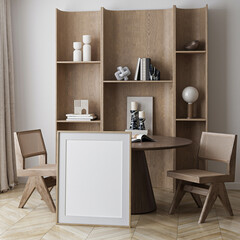 Poster mockup in a modern living room interior. Frame mockup with ISO A paper size. 3D illustration.