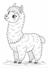 A gentle alpaca with fluffy fur, only outline for coloring, drawn as an outline sketch, only black lines, no colors, simple and clean for a children's coloring book. (Coloring Pages)