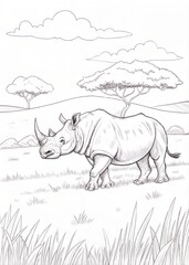 A strong rhinoceros standing in the grasslands, only outline for coloring, drawn as an outline sketch, only black lines, no colors, simple and clean for a children's coloring book. (Coloring Pages)
