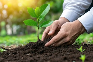 Businessman Planting a Sapling - A businessman carefully plants a young tree, symbolizing growth, sustainability, environmental responsibility