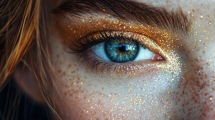   A close-up of a woman's blue eye with golden flecks on her face, her long hair blowing in the wind