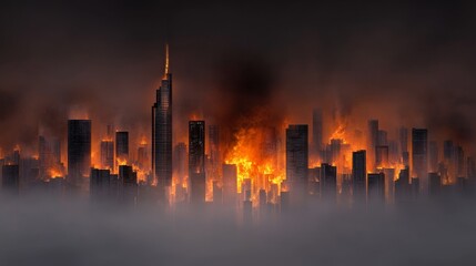 Fototapeta premium City in Flames - A panoramic view of a city engulfed in fire and shrouded in fog, creating a dramatic and apocalyptic scene