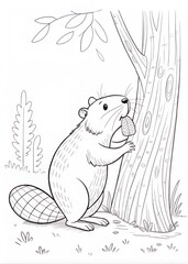 Obraz premium A beaver gnawing on a tree trunk, only outline for coloring, drawn as an outline sketch, only black lines, no colors, simple and clean for a children's coloring book.
