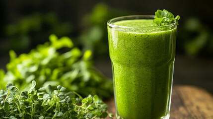 A vibrant green vegetable smoothie sits in the foreground, with fresh greens and microgreens subtly blurred in the background. 