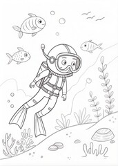 Fototapeta premium Simple Line Art Diver Exploring Underwater with Fish for Coloring Book 